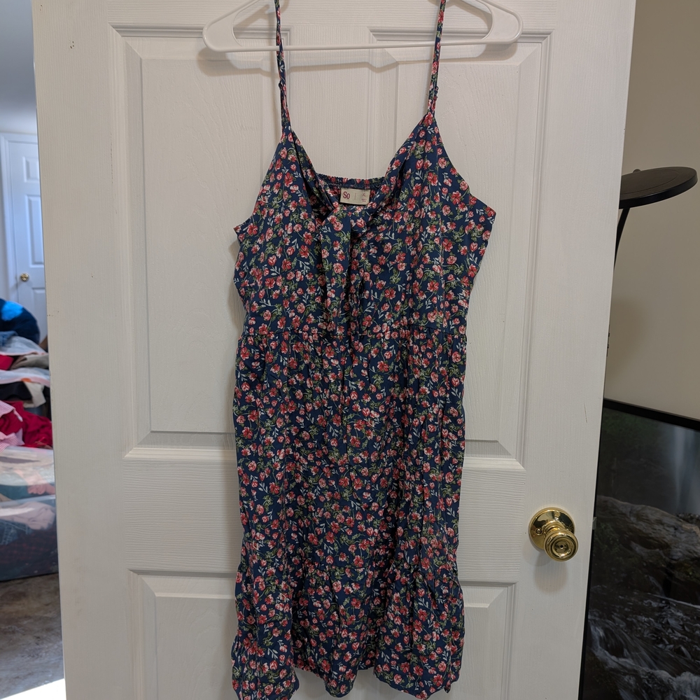 SO Navy Floral Tie-Neck Top with Pink and Green Blossoms